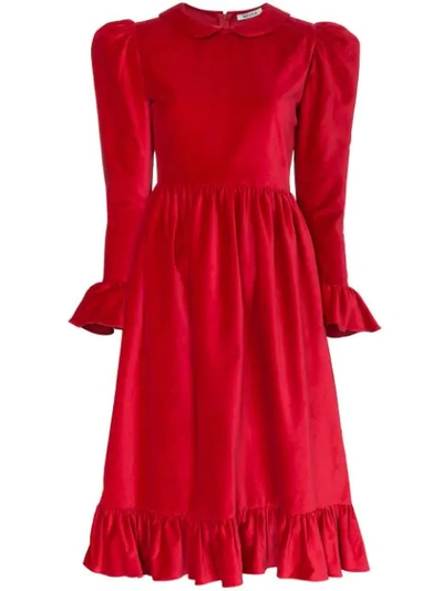 Batsheva Ruffle Velvet Prairie Midi Dress In Red