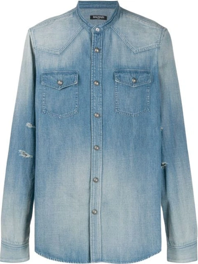 Balmain Distressed-effect Logo Print Shirt In Blue