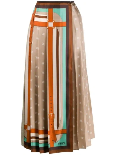 Fendi Foulard Logo Karligraphy Skirt In Beige,orange,brown