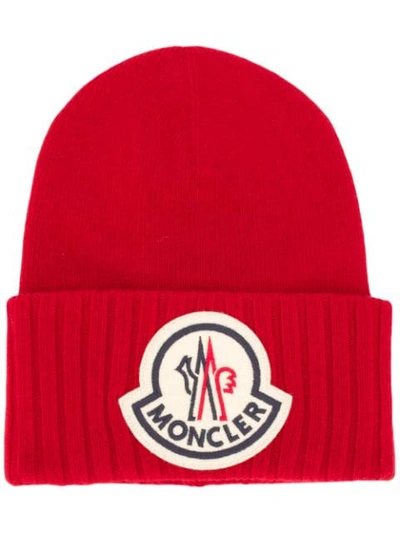 Moncler Ribbed Hem Beanie In Red
