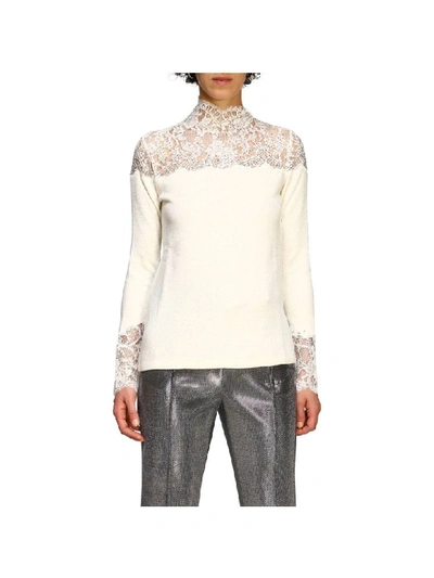 Ermanno Scervino Sweater With Long Sleeves And Lace Inserts In Yellow Cream