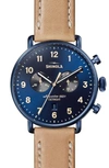 Shinola The Canfield Chronograph Sunray Dial Leather Strap Watch In Natural/ Midnight Blue Sunray