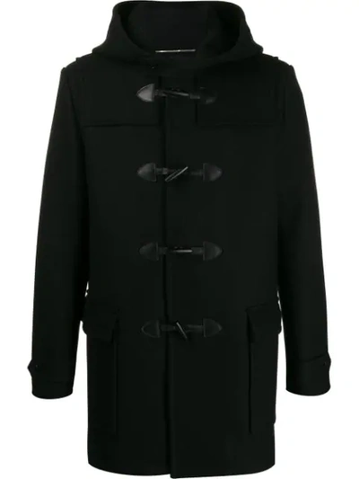 Saint Laurent Hooded Wool Duffle Coat In Black