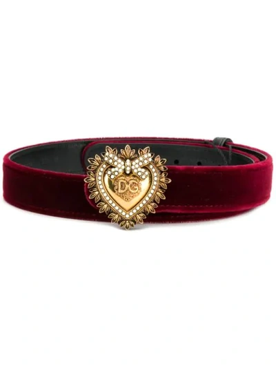 Dolce & Gabbana Devotion Logo Heart Buckle Velvet Belt In Red