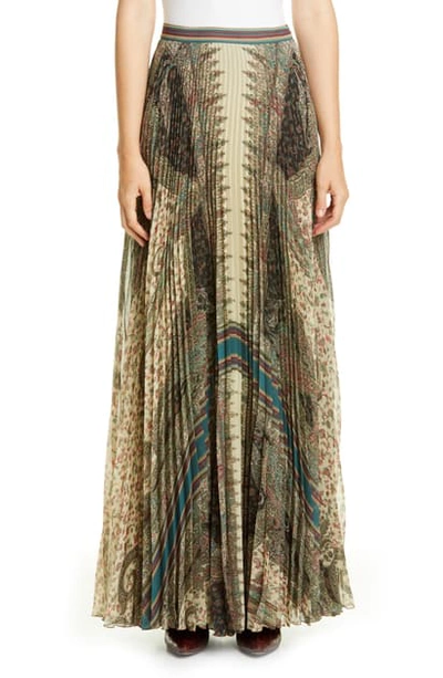 Etro Brocade Print Pleated Maxi Skirt In Green