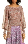 AMUR ZORA FLORAL SMOCK WAIST PLEATED SILK BLOUSE,580748