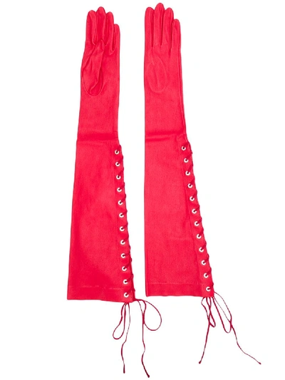 Ben Taverniti Unravel Project Leather Lace Up Gloves In Red