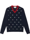 GUCCI V NECK WOOL SWEATER WITH BEES AND STARS
