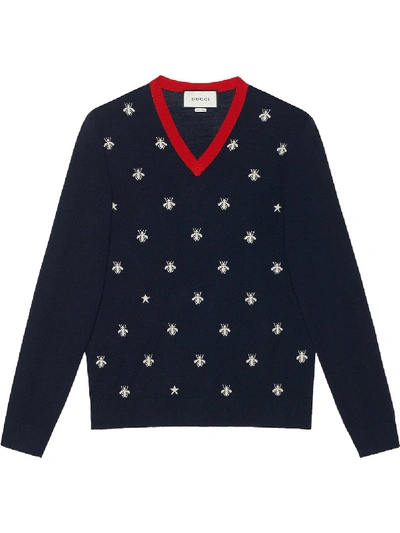 Gucci V Neck Wool Sweater With Bees And Stars In Blue