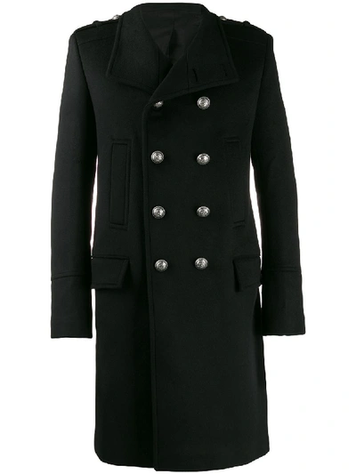 Balmain Double Breasted Cashmere Coat In Black