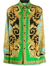 Versace Baroque Print Button-up Silk Shirt In Green