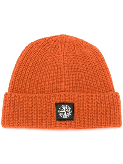 Stone Island Logo Print Hat In Orange