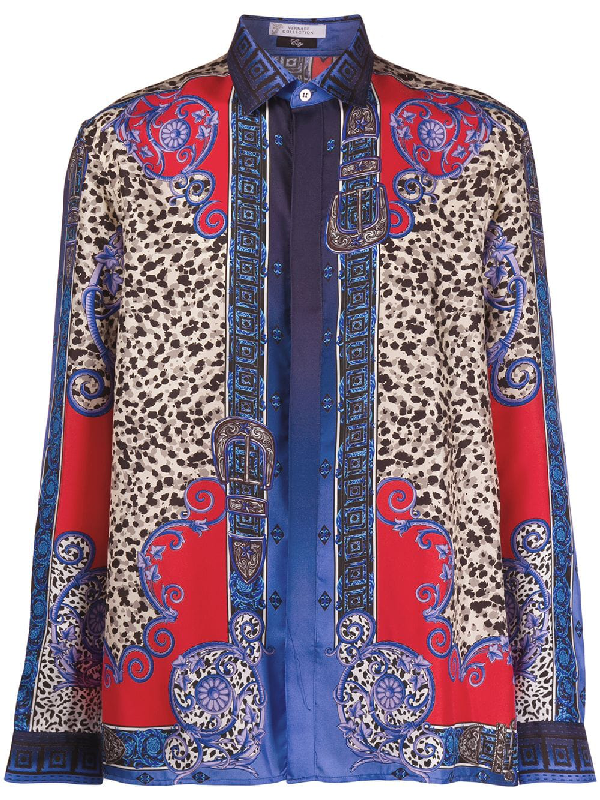 Versace Shirt L/s Silk Western Printing Animalier In Blue | ModeSens