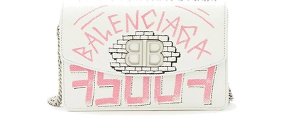 Balenciaga 'bb' Graffiti Print Leather Wallet On Chain In White
