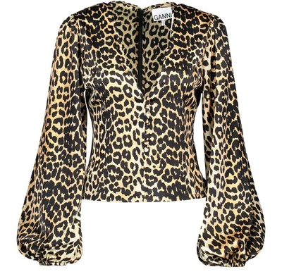 Ganni Silk Stretch Satin Blouse In Leopard