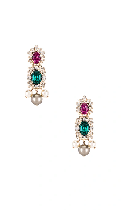 Anton Heunis Crystal Cluster & Pearl Pendant Earring In Green  Fuchsia & Gold