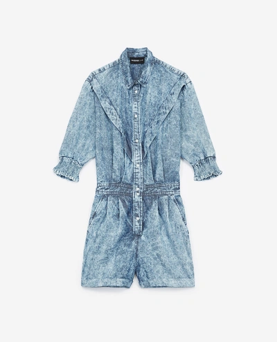 The Kooples Pleated & Faded Button-front Romper In Snow Blue