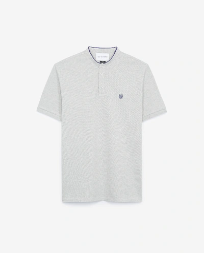 The Kooples Sport Embroidered Grey Polo Shirt With Stand-up Collar In Oyster Gray/midnight Blue