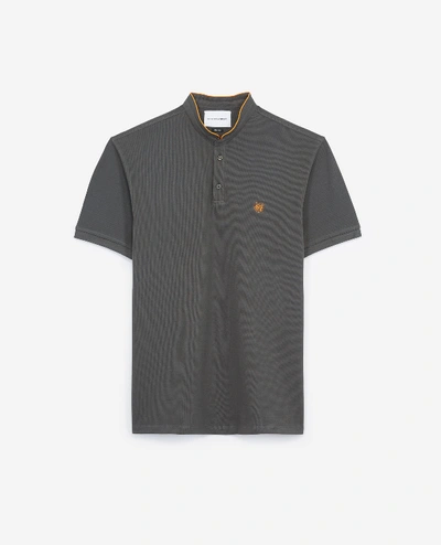 The Kooples Sport Loose Embroidered Khaki Polo Shirt Stand-up Collar In Khaki/clementine