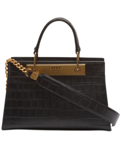 Dkny Cooper Leather Croc-embossed Satchel, Created For Macy's In Black/gold