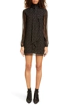 Saint Laurent Metallic Star Long Sleeve Tie Neck Silk Minidress In Noir Or