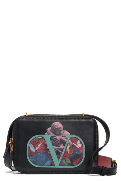 Valentino Garavani Vsling U Print Calfskin Crossbody Bag In Nero/ Acqua