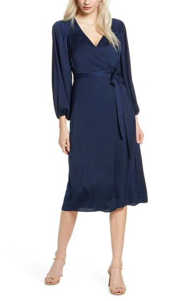 Ali & Jay Golden Days Long Sleeve Satin Wrap Midi Dress In Navy