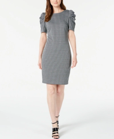 Calvin Klein Petite Puff-sleeve Gingham Sheath Dress In Black/cream