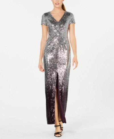 Calvin Klein Ombre Sequin Gown In Silver/aubergine