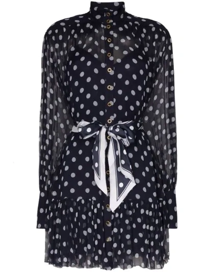 Zimmermann Sabotage Lantern Belted Polka-dot Silk-crepon Mini Dress In Navy Blue