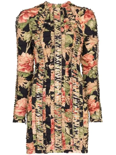 Zimmermann Espionage Lace-up Floral-print Stretch-silk Mini Dress In Black