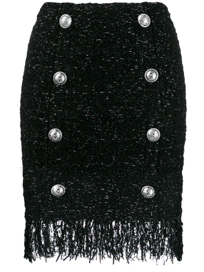 Balmain Fringed 8 Button Tweed Mini Skirt In Black