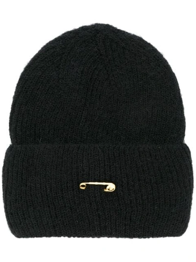 Versace Safety Pin Detail Knitted Beanie In Black