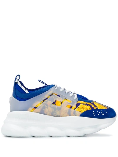 Versace Blue & Gold Heritage 'crete De Fleur' Chain Reaction Sneakers In Blue