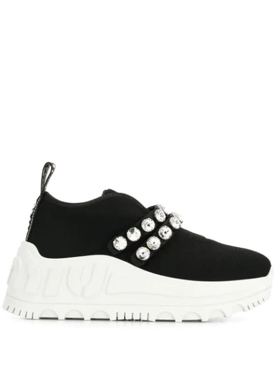 Miu Miu Crystal Embellished Sneakers In Black,white