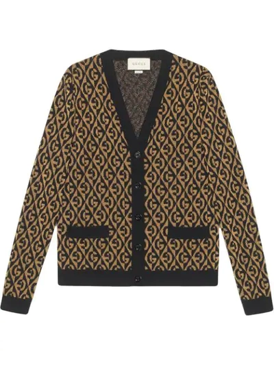 Gucci Gg Rhombus Metallic Jacquard Wool Blend Cardigan In Gold/ Black