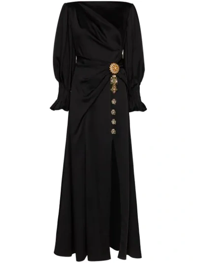 Peter Pilotto Crystal-embellished Slit-front Satin Dress In Black