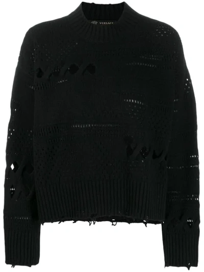 Versace Distressed Knitted Sweater In Black