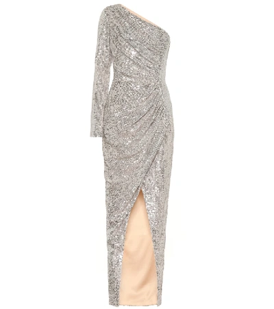 Rasario One-shoulder Ruched Sequined Tulle Gown In Silver