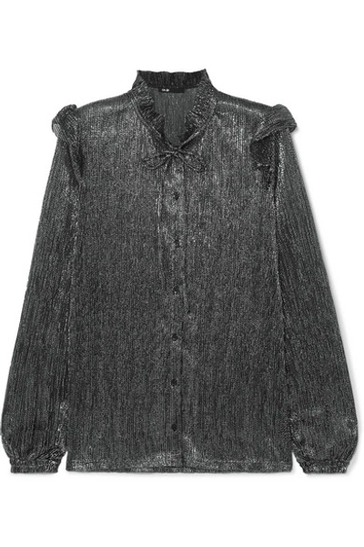 Maje Clunny Ruffled Lamé Blouse In Gunmetal