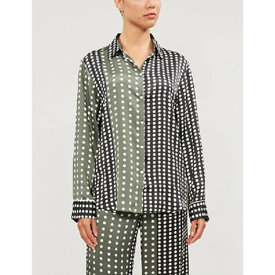 Asceno Polka Dot Contrast-print Silk-satin Pyjama Top In Olive Black Dotted Line