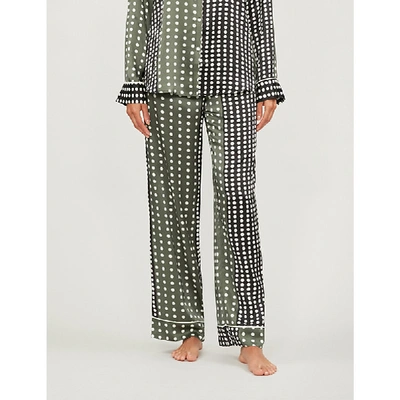 Asceno Polka Dot Contrast-print Silk-satin Pyjama Bottoms In Olive Black Dotted Line