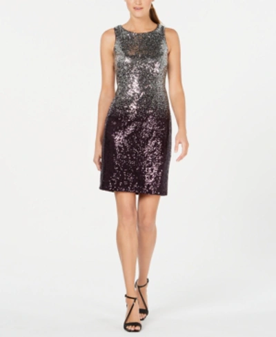 Calvin Klein Ombre Sequin Sheath Dress In Silver/aubergine