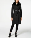 FRENCH CONNECTION FAUX-FUR-COLLAR BELTED COAT WITH FAUX-LEATHER TRIM