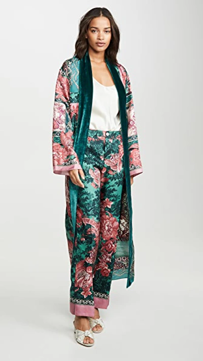 F.r.s For Restless Sleepers Long Dressing Gown With Velvet Trim In Struzzo
