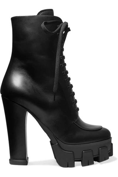 Prada Exaggerated Tread-sole Lace-up Leather Boots In Black