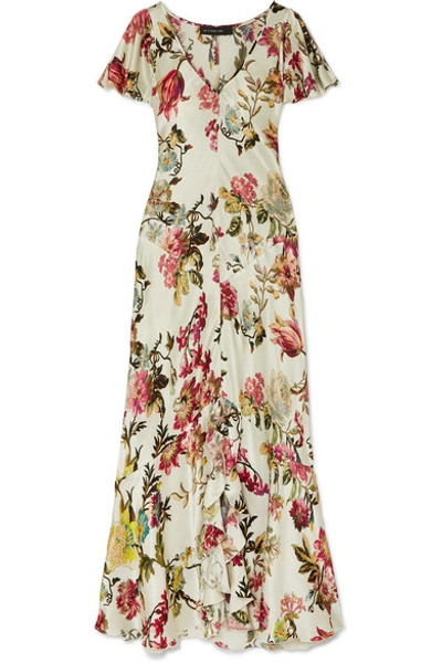 Etro Ruffled Floral-print Hammered-satin Maxi Dress In Mint