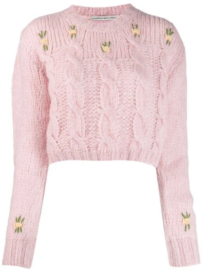 Alessandra Rich Cropped Floral-embroidered Alpaca And Wool-blend Sweat In 1357 Pink