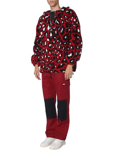 Msgm Animal Print Shearling Hooded Sweater In Red
