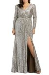 Mac Duggal Bugle Beaded Long-sleeve Column Gown In Silver